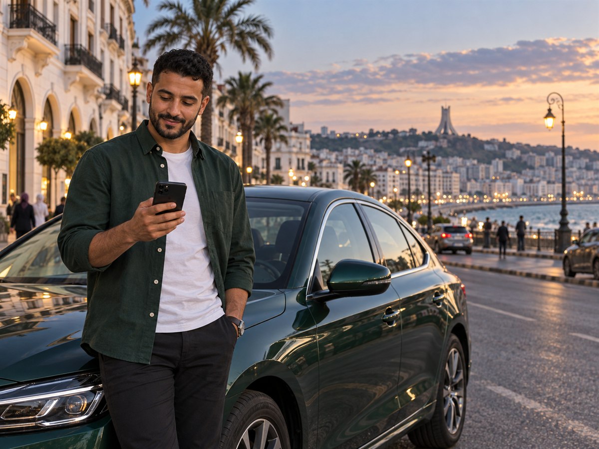 Un chauffeur partenaire utilise son téléphone près de son véhicule à Alger